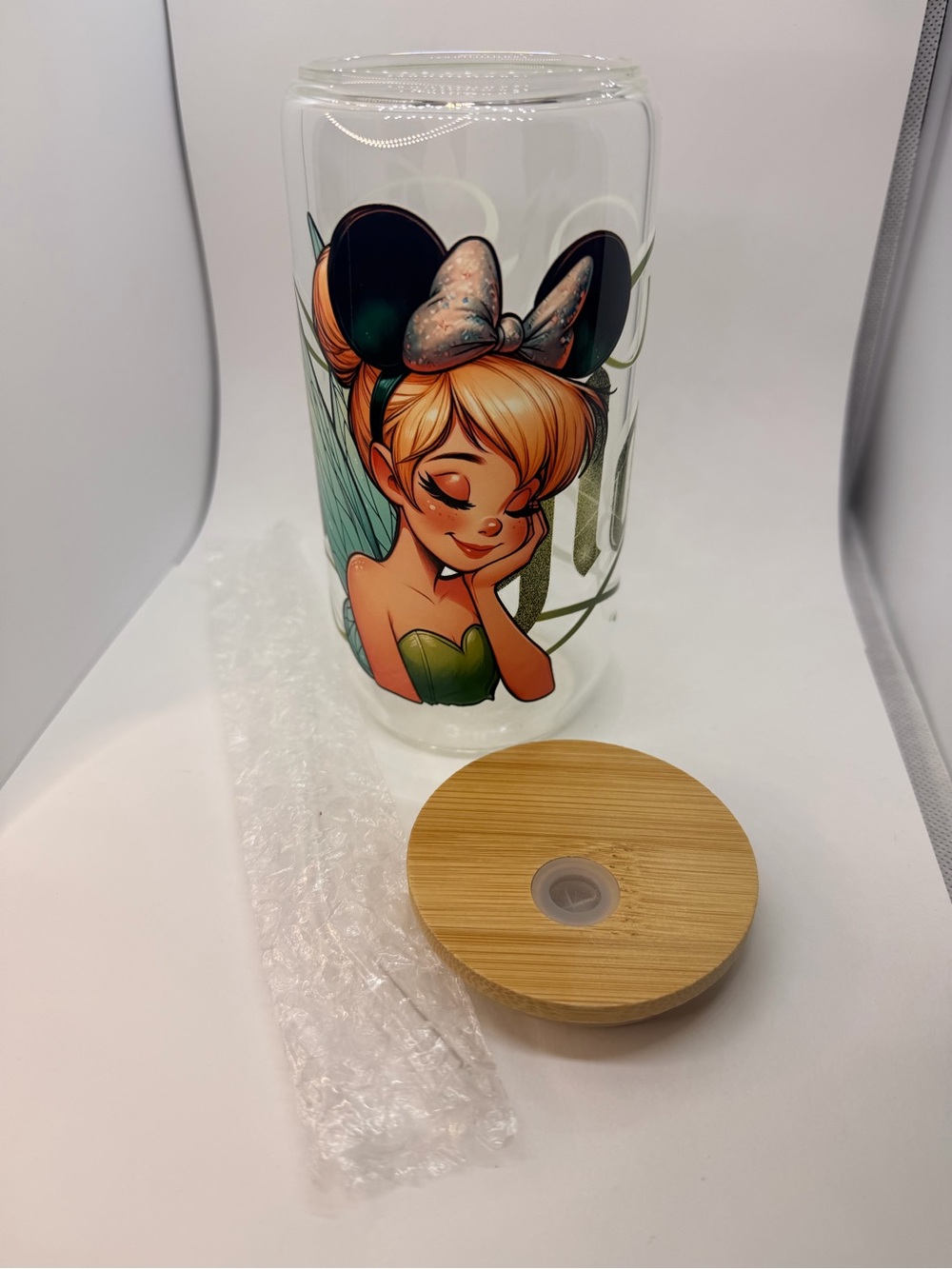 Tinker Bell Glass Tumbler with Bamboo Lid - Green Accent